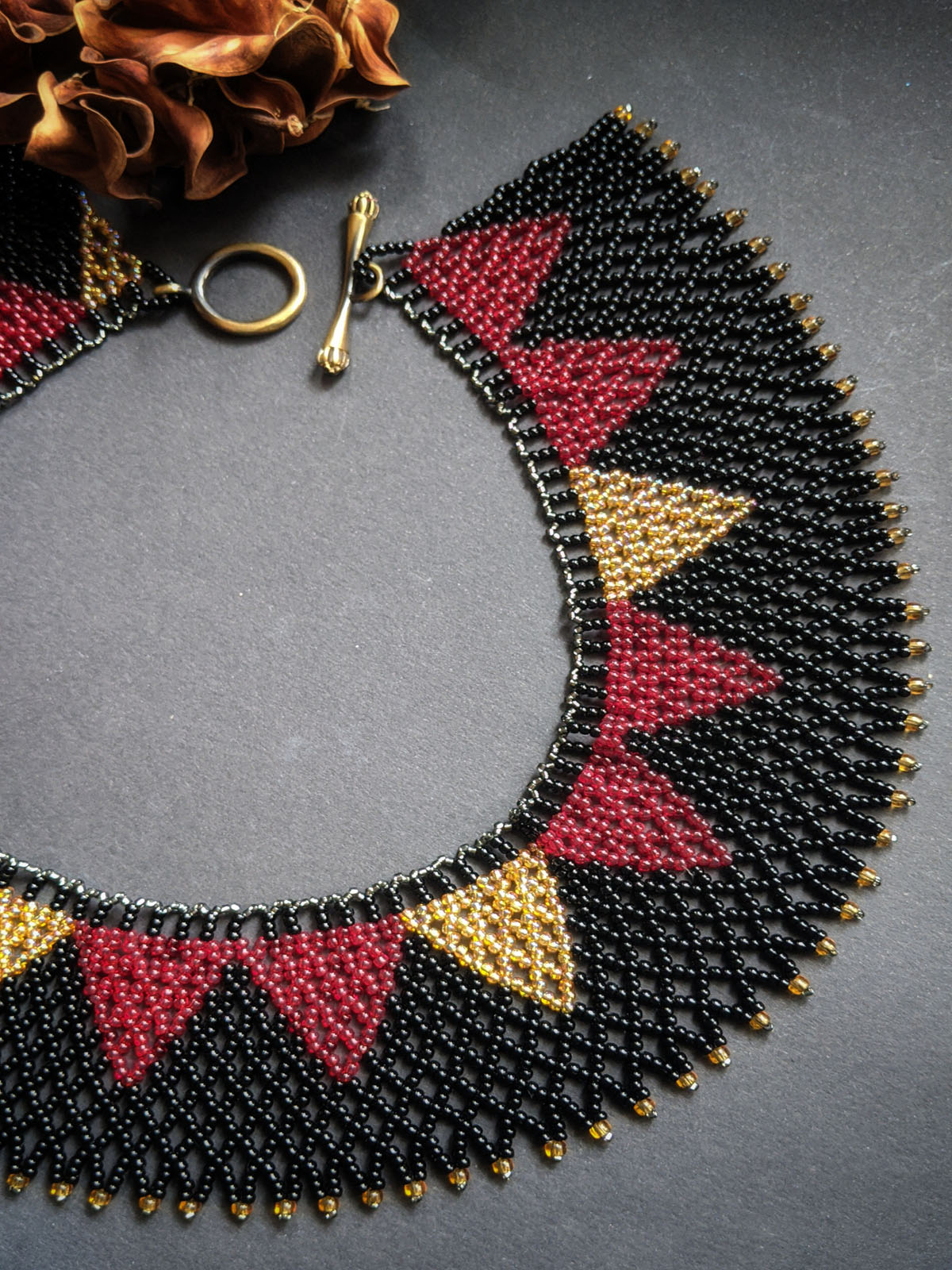 Handmade Beaded Necklace in Black & Red - Collar Necklace