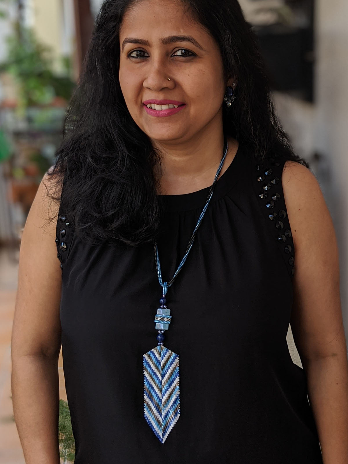 Handmade Beaded Necklace in Blue & White