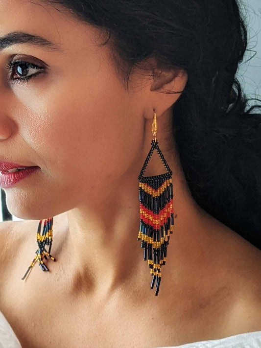 Isha Metallic Blue & Red Fringe handmade beaded earrings