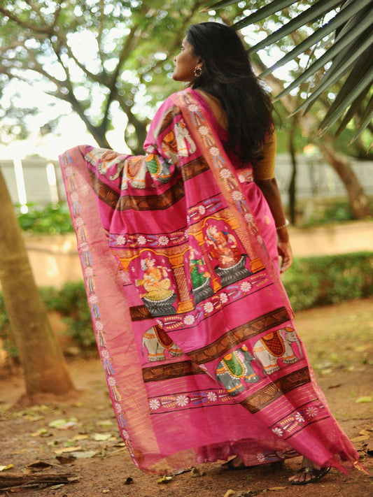 "Kandarpa Hathi" - Magenta Pink Handpainted Pattachitra saree