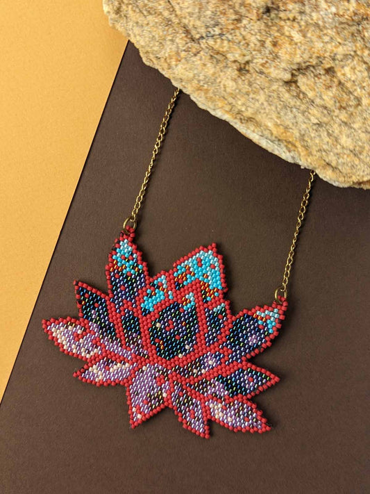 Maroon Lotus Handmade Beaded Necklace Blue Grey Purple Pink Gold
