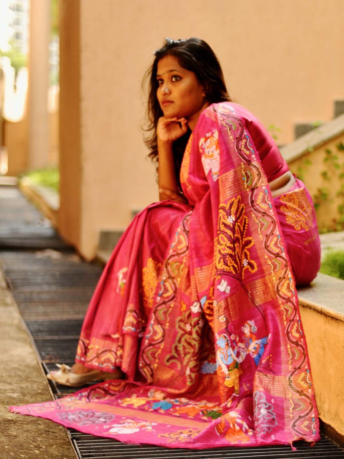 "Raasa" - Magenta Pink Handpainted Pattachitra Silk Saree